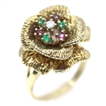 14K YELLOW GOLD DIAMOND, RUBY, & EMERALD COCKTAIL RING