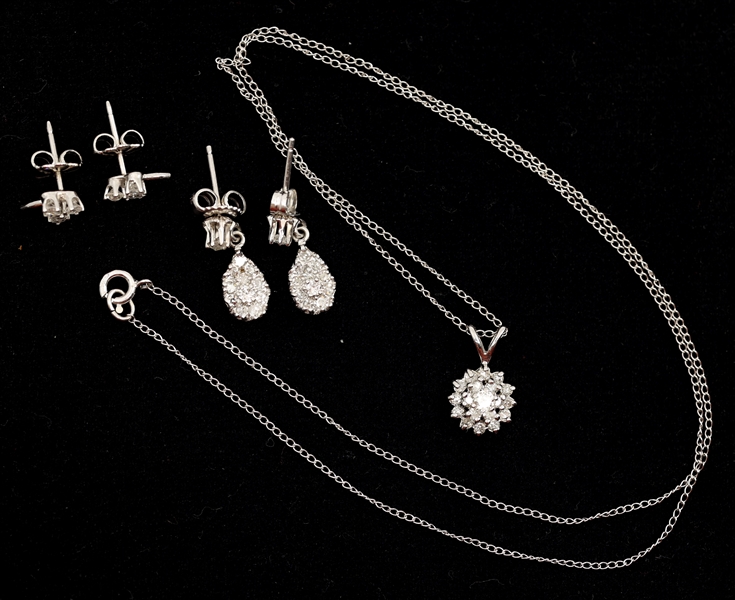 14K WHITE GOLD DIAMOND EARRINGS & NECKLACE
