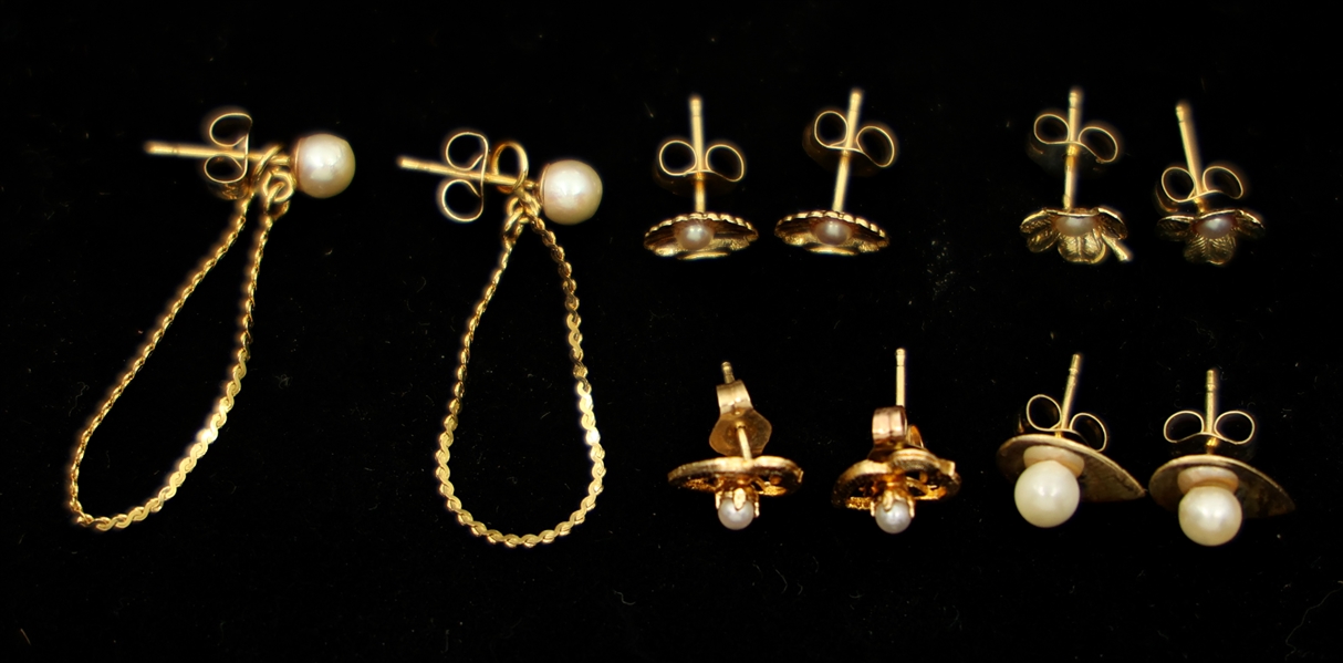 14K YELLOW GOLD PEARL STUD & DANGLE EARRINGS 