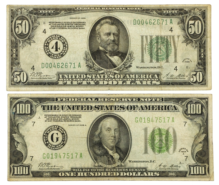 1928 US $100 & $50 FEDERAL RESERVE BANK NOTES