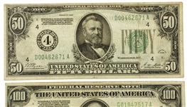 1928 US $100 & $50 FEDERAL RESERVE BANK NOTES