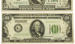1928 US $100 & $50 FEDERAL RESERVE BANK NOTES