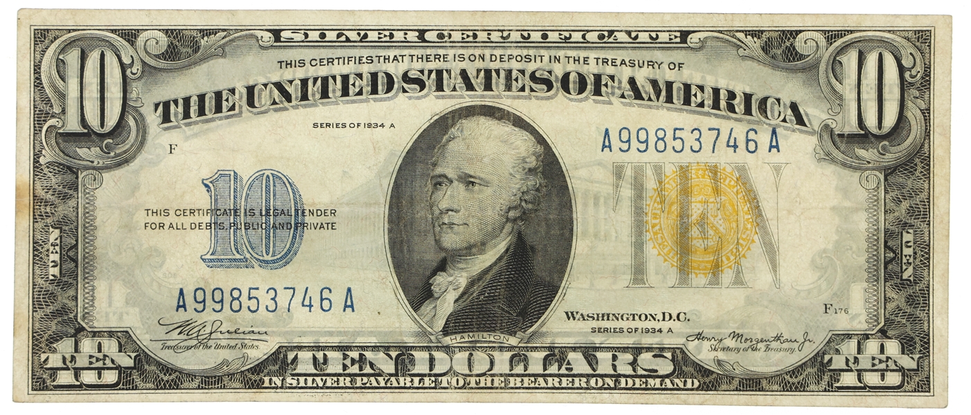 1934A US $10 NORTH AFRICA WWII EMERGENCY ISSUE NOTE
