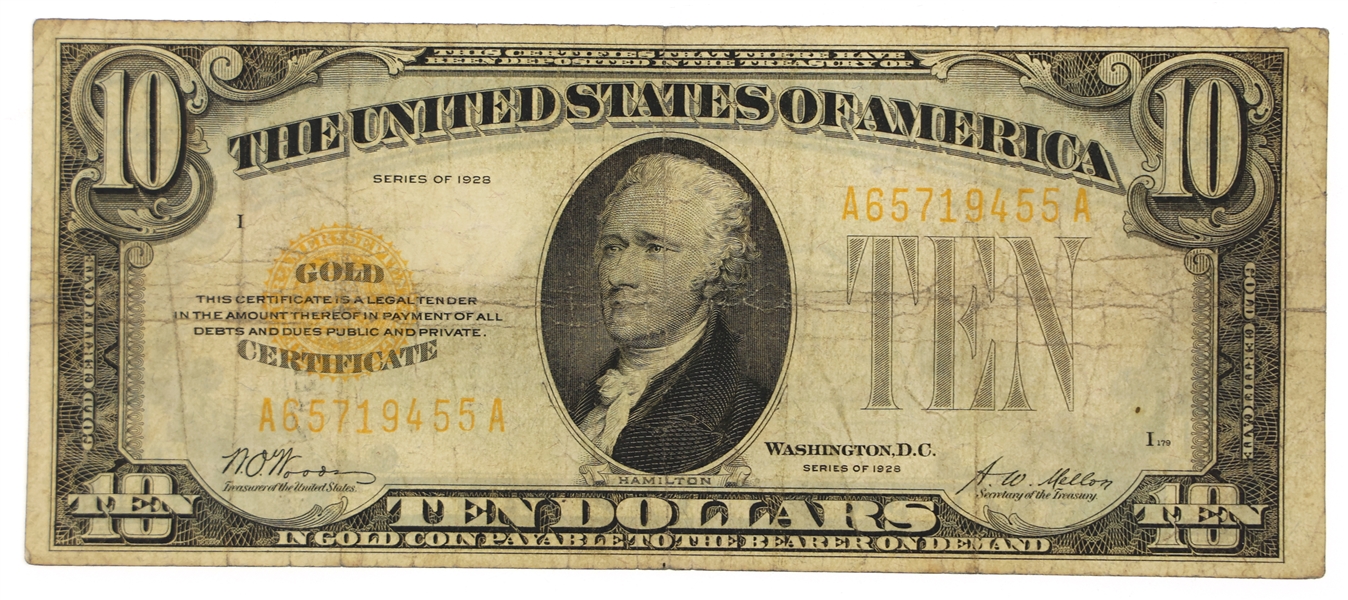 1928 US $10 YELLOW SEAL GOLD CERTIFICATE BANK NOTE
