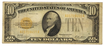 1928 US $10 YELLOW SEAL GOLD CERTIFICATE BANK NOTE