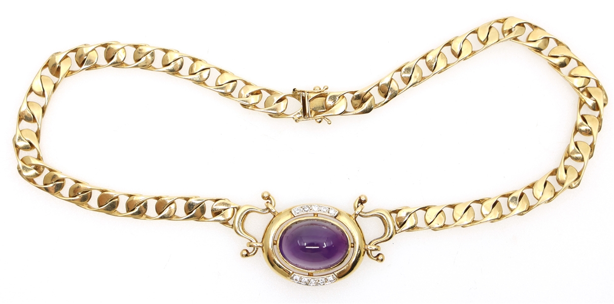 14K YELLOW GOLD CABOCHON AMETHYST & DIAMOND NECKLACE