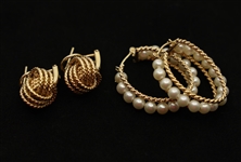 14K YELLOW GOLD PEARL & TEXTURED GOLD EARRINGS