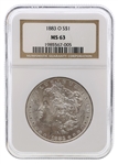 1883-O US SILVER MORGAN DOLLAR COIN NGC MS63