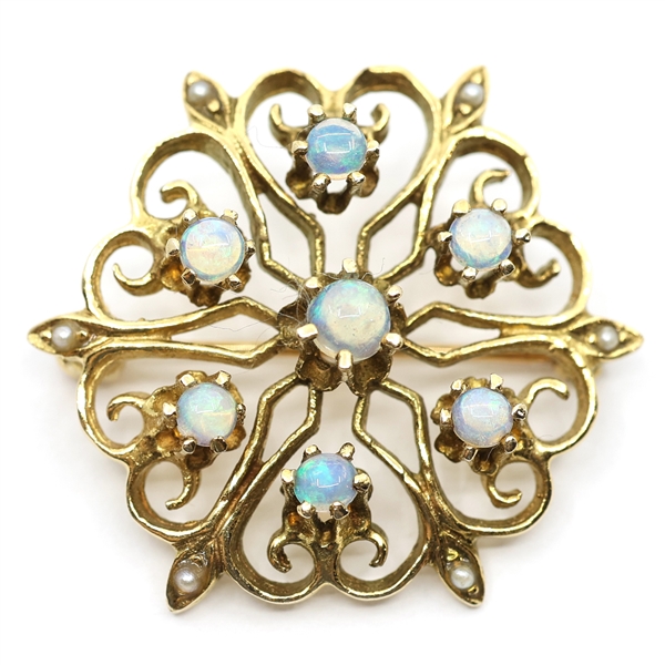 14K YELLOW GOLD MOONSTONE & SEED PEARL BROOCH