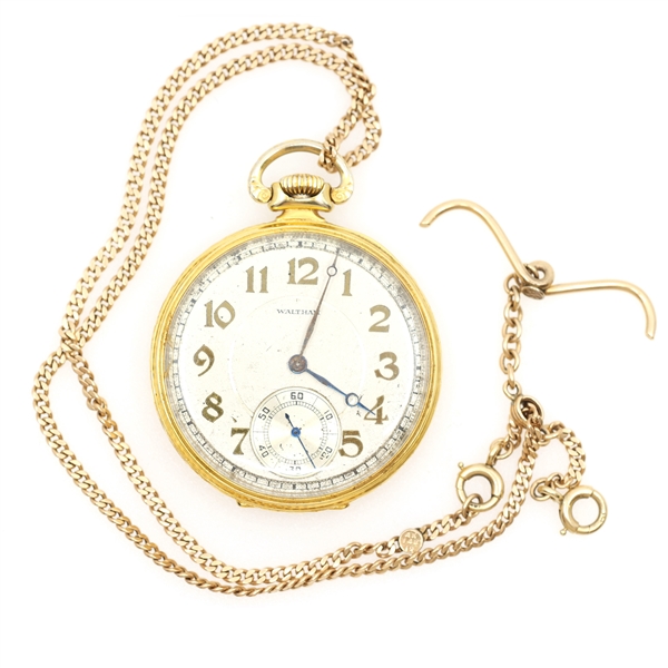 MENS WALTHAM 14K YELLOW GOLD POCKET WATCH WITH FOB 