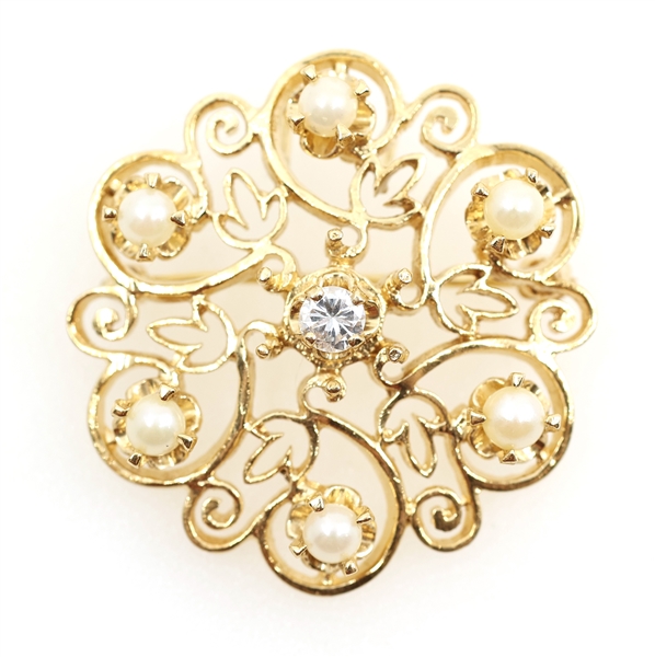 14K YELLOW GOLD DIAMOND & SEED PEARL BROOCH
