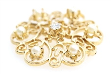 14K YELLOW GOLD DIAMOND & SEED PEARL BROOCH