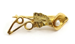 18K YELLOW GOLD FLORAL SEED PEARL BROOCH