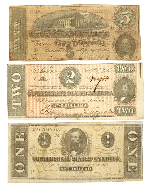 1864 CONFEDERATE OBSOLETE BANK NOTES - $1, $2, $5