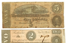 1864 CONFEDERATE OBSOLETE BANK NOTES - $1, $2, $5