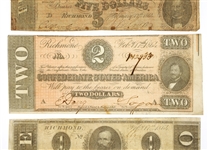 1864 CONFEDERATE OBSOLETE BANK NOTES - $1, $2, $5