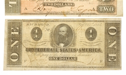 1864 CONFEDERATE OBSOLETE BANK NOTES - $1, $2, $5