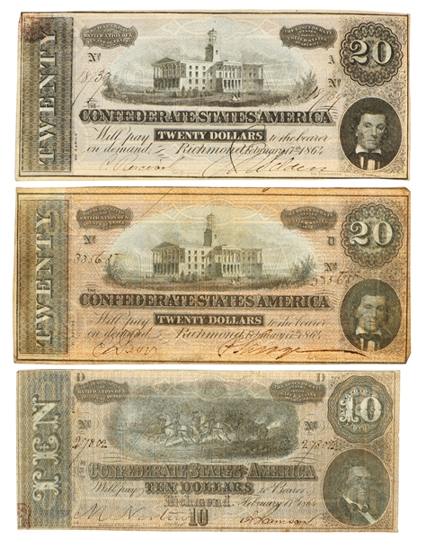 1864 CONFEDERATE OBSOLETE BANK NOTES - $10 & $20