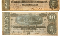 1864 CONFEDERATE OBSOLETE BANK NOTES - $10 & $20