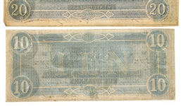 1864 CONFEDERATE OBSOLETE BANK NOTES - $10 & $20