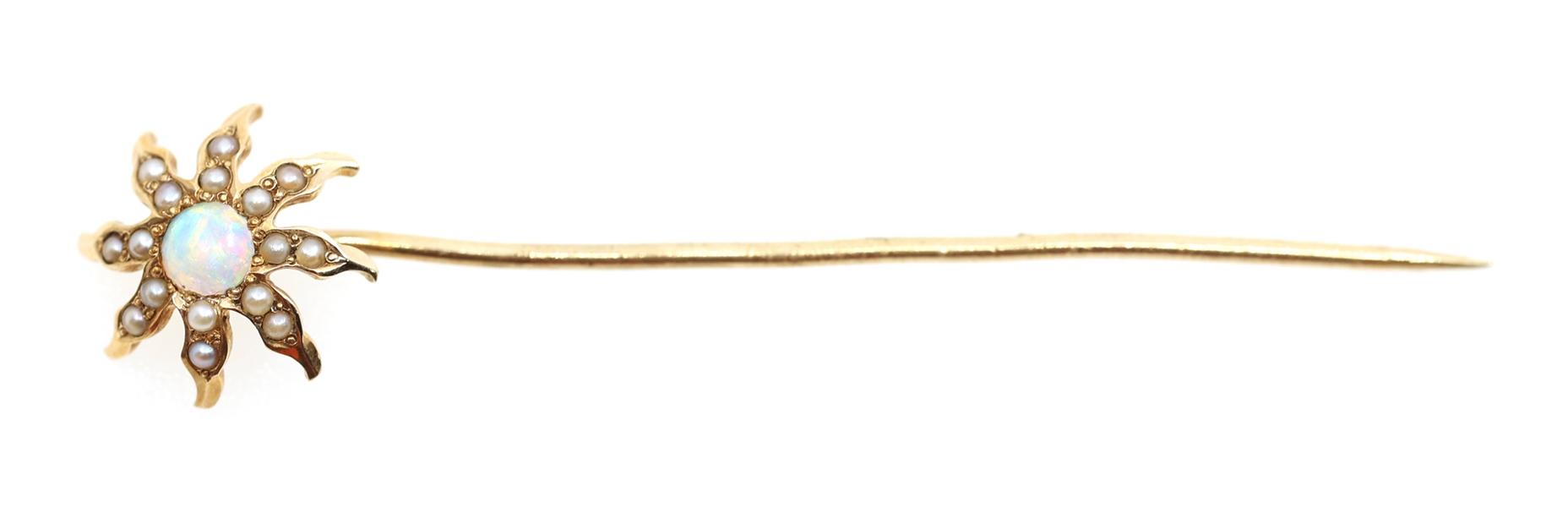 14K YELLOW GOLD OPAL & SEED PEARL FLORAL DESIGN PIN