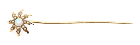 14K YELLOW GOLD OPAL & SEED PEARL FLORAL DESIGN PIN
