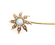 14K YELLOW GOLD OPAL & SEED PEARL FLORAL DESIGN PIN