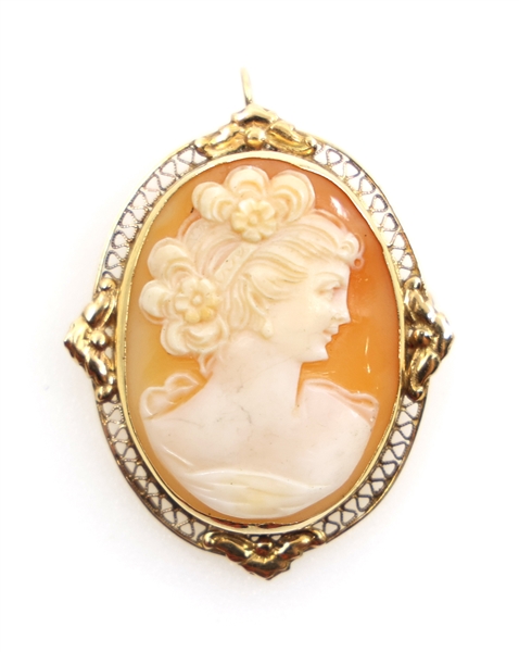 14K YELLOW GOLD SHELL CAMEO BROOCH/PENDANT