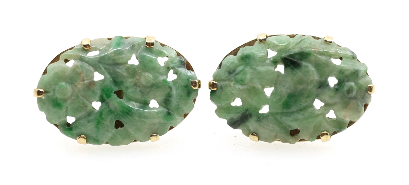 14K YELLOW GOLD CARVED JADE STUD EARRINGS