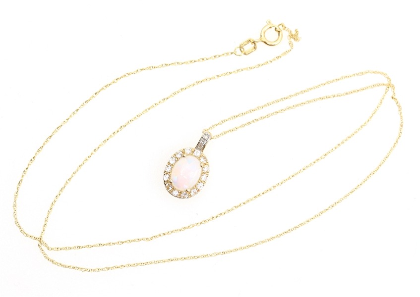 14K YELLOW GOLD OPAL & WHITE SAPPHIRE PENDANT W/ CHAIN