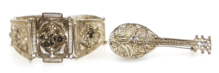 .800 SILVER FILIGREE BRACELET & MANDOLIN BROOCH