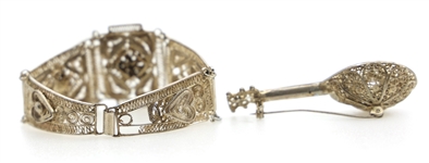 .800 SILVER FILIGREE BRACELET & MANDOLIN BROOCH