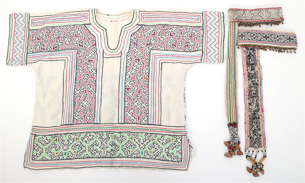 PERUVIAN SHIPIBO-CONIBO EMBROIDERED TUNIC & HEADDRESSES