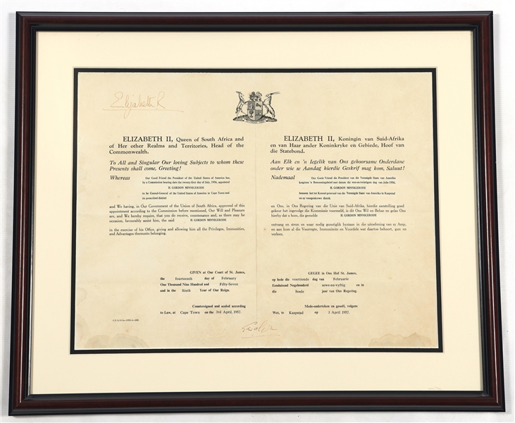 1957 QUEEN ELIZABETH II SOUTH AFRICA SIGNED DOCUMENT
