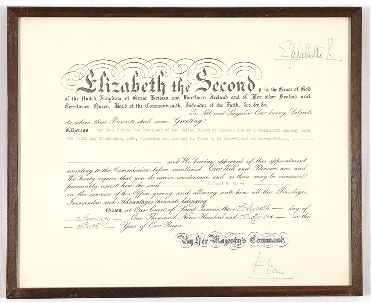1961 QUEEN ELIZABETH II SIGNED ROYAL DOCUMENT