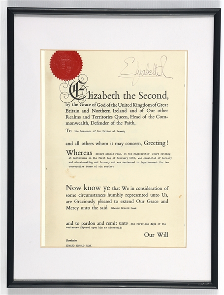 1960s QUEEN ELIZABETH II SIGNED ROYAL PARDON