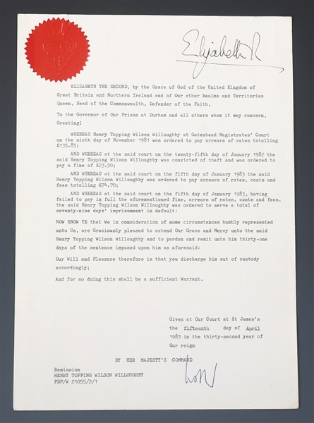 1980s QUEEN ELIZABETH II SIGNED ROYAL PARDON