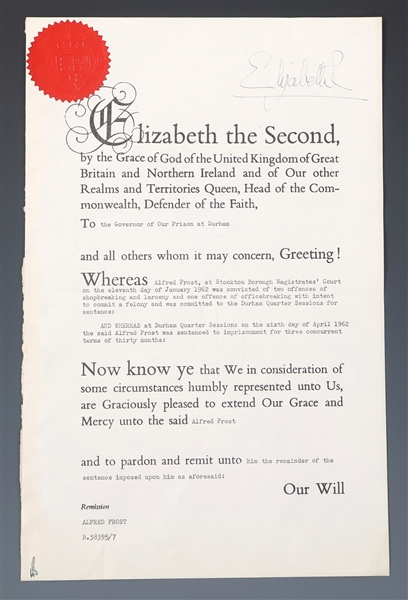 1960s QUEEN ELIZABETH II SIGNED ROYAL PARDON