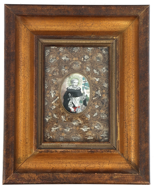 19TH C. FRENCH PAPEROLE ST. DOMINIC RELIQUARY IN FRAME