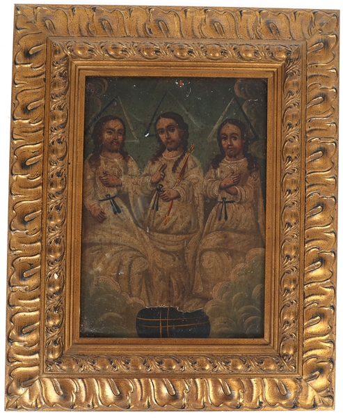 19TH C. MEXICAN FOLK ART RETABLO OF THE HOLY TRINITY