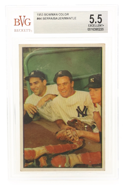 1953 BOWMAN #44 BERRA / BAUER / MANTLE BASEBALL CARD
