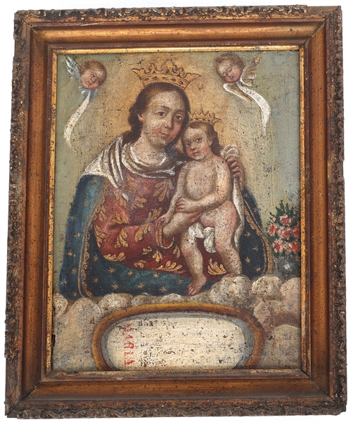 19TH C. MEXICAN OIL ON CANVAS MADONNA & CHILD PAINTING