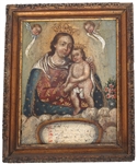 19TH C. MEXICAN OIL ON CANVAS MADONNA & CHILD PAINTING