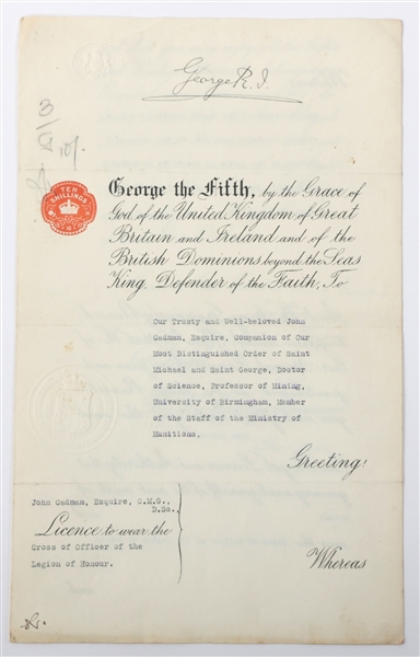 KING GEORGE V SIGNED DOCUMENT MEDAL AWARD 