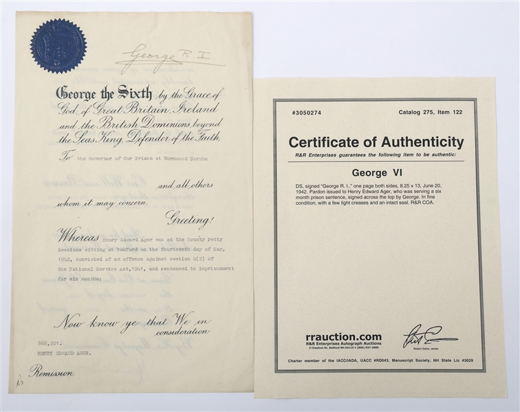 KING GEORGE VI SIGNED DOCUMENT ROYAL PARDON