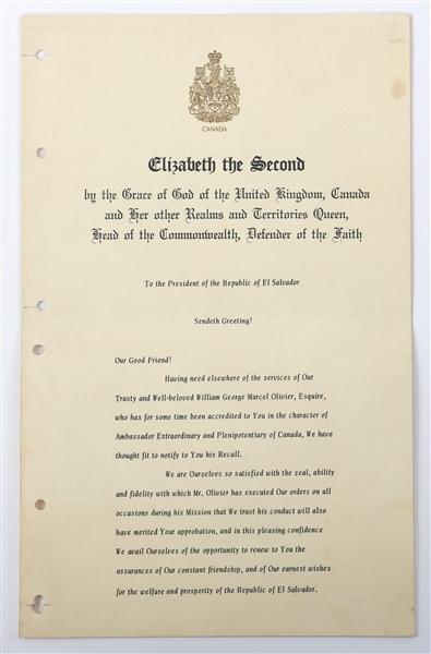 QUEEN ELIZABETH II SIGNED DOCUMENT CANADA TO EL SAVADOR