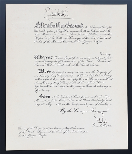 QUEEN ELIZABETH II PRINCE PHILIP SIGNED ROYAL DOCUMENT
