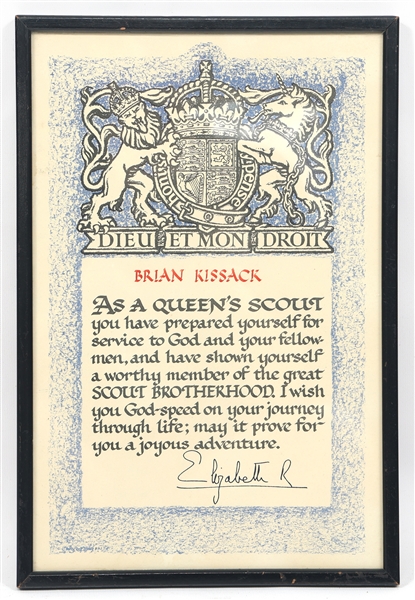 QUEEN ELIZABETH II QUEENS SCOUT SIGNED DOCUMENT