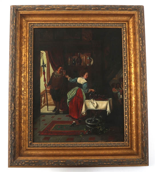 19TH C. GOTHIC REVIVAL OIL ON CANVAS TAVERN SCENE 