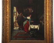 19TH C. GOTHIC REVIVAL OIL ON CANVAS TAVERN SCENE 